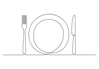 Wall Mural - Continuous single line drawing of knife, fork and plate. Decoration for cafe or kitchen restaurant or menu cutlery vector illustration. Free vector