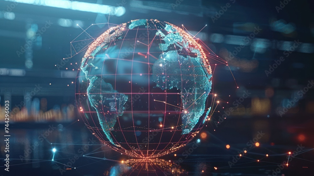 Illustration of a digital globe with network lines and data points ...