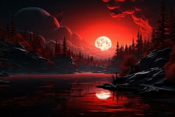 Wall Mural - Red lake fantasy landscape. Cosmos view. Generate Ai
