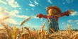 Friendly scarecrow in red plaid shirt standing guard over golden wheat fields under blue sky