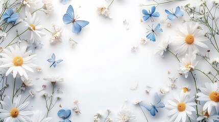 Wall Mural - Flower border frame made of white and blue Daisy flowers and butterflies on white background. Seamless Greeting floral card template with copy space.
