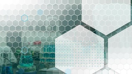 Wall Mural - Animation of hexagons and scientific data processing over biracial male scientist in laboratory