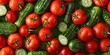 Heap of whole wet tomatoes and cucumbers.Seamless background for wrappers, fabrics, wallpapers, banners, 3d rendering. Top view point, full frame.