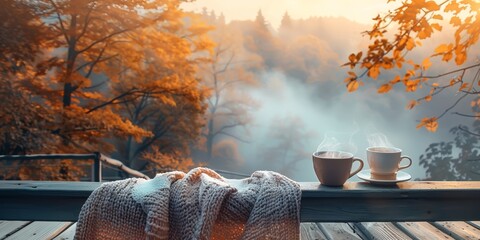 Canvas Print - Serene balcony retreat with comforting blankets and steaming tea amidst morning fog
