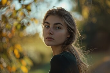 Canvas Print - a woman with long hair standing in front of a tree