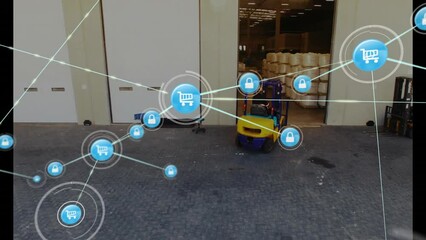 Poster - Animation of network of connections with shopping trolley icons and forklift in warehouse