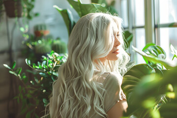 Wall Mural - Eco-Friendly Abode: Serene and Fashionable Woman with Flowing White Locks Enjoying a Bright Day Indoors