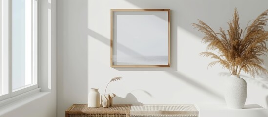 Poster - Minimalist white vase with green plant on wooden table in natural light