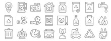 Ecology Line Icons. Linear Set. Quality Vector Line Set Such As Eco Electric, Electric Car, Battery, Trash Bin, Handbag, Lifesaver, Water, Bottle, Fuel Station