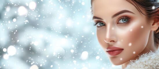 Poster - A stunning woman with snowflakes scattered on her face looking enchanting and serene in winter wonderland