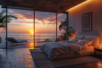 Luxurious minimalist bedroom in a villa with bigh panoramic windows and a s beautiful ocean view, sunsetting scene with cinematography effects.