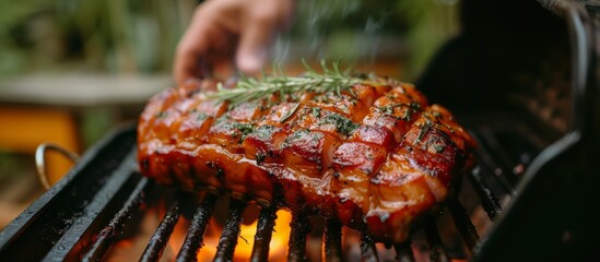 Canvas Print - A person grilling delicious meat on a barbecue grill outdoors in nature