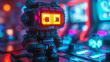 Fototapeta Przestrzenne - A neon-lit retro arcade game character, pixelated and vibrant, ready to add a nostalgic touch to your t-shirt design.