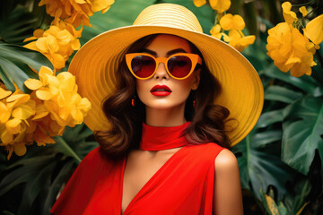 Wall Mural - fashionable woman in red dress and yellow hat posing with sunglasses against a tropical leaf background
