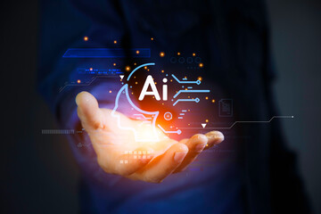 Ai technology analysis concept, hand point to AI icon network. AI technology Machine learning for data analysis and management, Data analysis using artificial intelligence is essential.