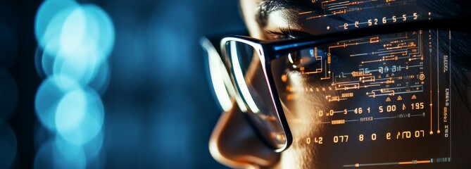 Computer programming code reflecting on developer woman's glasses