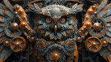 Fototapeta Przestrzenne - An intricately detailed mechanical owl, inspired by steampunk aesthetics, showcasing a mix of futuristic and vintage elements for a unique shirt design.