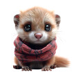 A 3D animated cartoon render of a playful ferret wearing a cozy scarf.