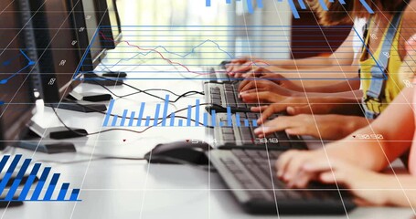 Poster - Animation of financial data processing over caucasian schoolchildren using computers