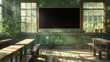 © deafebrisa - A sunlit classroom with wooden desks and a green chalkboard, serene atmosphere