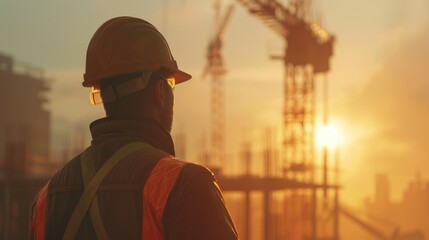 Architect in hard hat observes the tower crane operation at the construction site at sunset. AI Generated