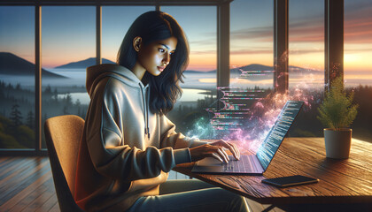 Modern application developer coding on futuristic laptop in tranquil home office.
