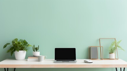 minimalist laptop on desk in modern green office