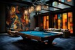 Blue room pool table. Home architecture. Generate Ai