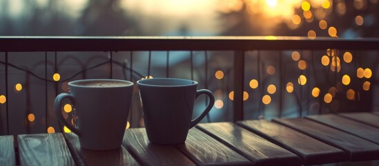 Canvas Print - Morning refreshment: two steaming cups of coffee on a rustic wooden table