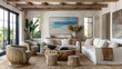 beautiful small space casual living family room soft neutral wood beams and a gorgeous grouping of swivel color fabric chairs around a striking coffee table coastal design nature freshness