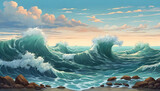 Fototapeta  - Sea water waves collide at high tide and low tide. Cartoon or anime illustration style.