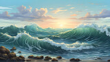 Fototapeta  - Sea water waves collide at high tide and low tide. Cartoon or anime illustration style.
