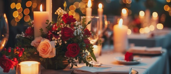 Canvas Print - Elegant table setting with beautiful flowers and glowing candles for romantic dinner ambiance