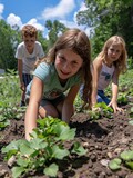 Fototapeta Miasta - A schoolyard with children planting a garden as part of an environmental education program, fostering early eco-consciousness.