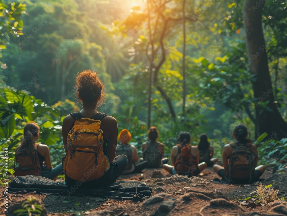 Group meditation in a forest, connecting mindfulness with nature ...