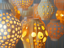 Illuminated Decorative Lanterns Casting Enchanting Light And Shadow Patterns - Concept Of Serenity, Mystical Charm, And Festive Decorations In Tranquil Spaces