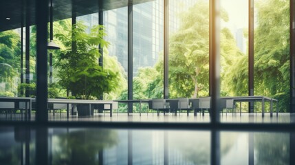  Blurred empty modern open space office with large windows and green trees