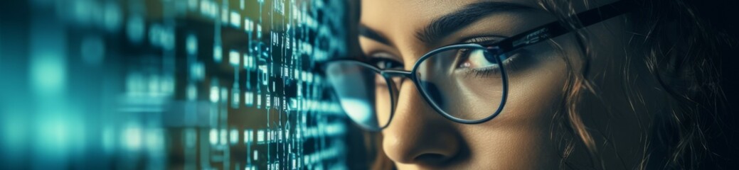 computer programming code reflecting on developer woman's glasses