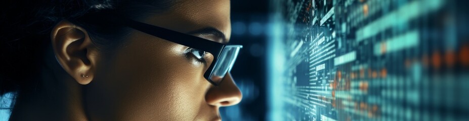 computer programming code reflecting on developer woman's glasses 