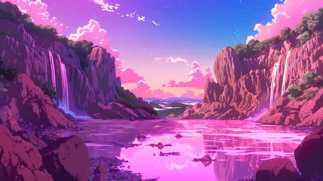 Waterfall with lake and mountains anime style background lofi theme purple AI Image Generative