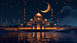 3d golden mosque with crescent moon and stars. Vector illustration of Islamic architecture. 