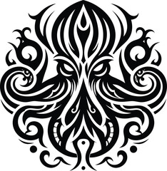 Wall Mural - modern tribal tattoos of octopus, kraken, abstract line art, and minimalist contour