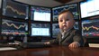 © kwanchanok - A digital illustration of a baby in a small business suit, sitting in front of multiple computer screens showing stock market charts The baby looks focused and playful, in a modern home office