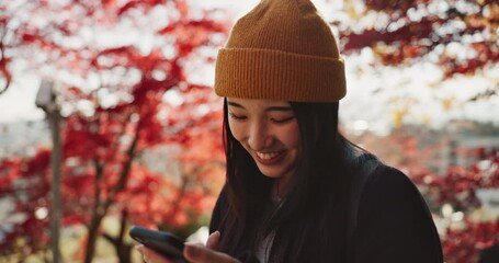 Poster - Selfie, travel and Japanese woman in forest for holiday, vacation and adventure in Japan. Happy, smile and person take picture on smartphone in nature for social media post, memories and online blog