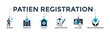 © Diyah - Patient registration banner concept with icon of patient, hospital, clinic, registration, id card and health insurance. Web icon vector illustration