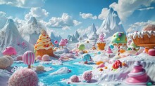 A Whimsical Landscape Of Ice Cream Land, Where The Mountains Are Peaks Of Frozen Treats And The Valleys Are Filled With Layers Of Soft Serve Candy Decorations Adorn The Scenery, Creating A Play