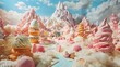 A whimsical landscape of Ice Cream Land, where the mountains are peaks of frozen treats and the valleys are filled with layers of soft serve Candy decorations adorn the scenery, creating a play