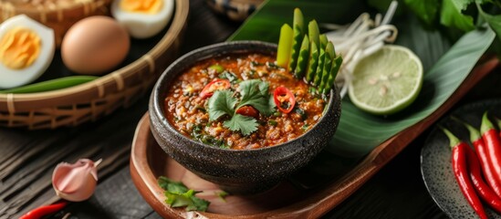 Wall Mural - Delicious bowl of homemade chili soup with fresh vegetables and a spoon on wooden table