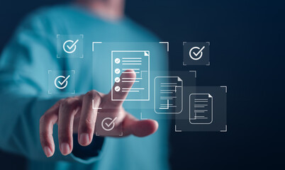 Leinwandbilder - Quality Certificate and Checklist document inspecting target marketing planning assignment with quality management. Standardization, certification. Compliance to regulations service and standards.