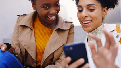 Poster - Friends, smile and smartphone with scroll together for social media, website and search on internet Communication, relax and people with cellphone for streaming video, reading blog and text message